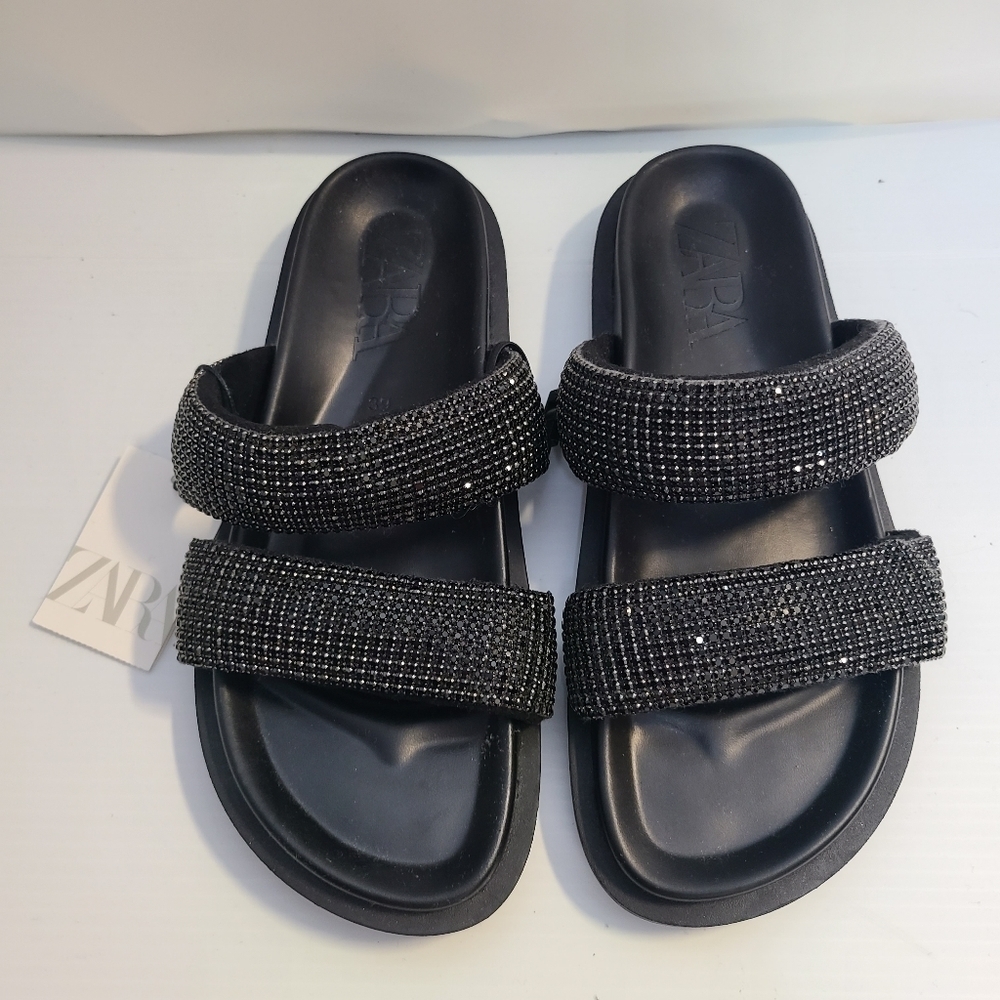 ZARA FLAT SLIDER SANDALS WITH RHINESTONES BLACK SIZE 7.5| 3661/110/800